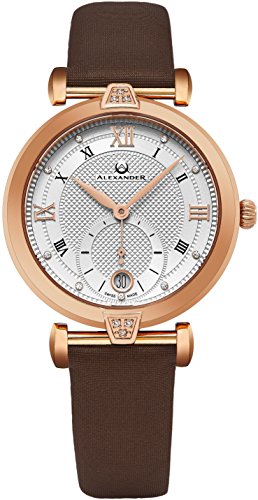Alexander Monarch Olympias Date DIAMOND Silver Large Face Stainless Steel Plated Rose Gold Watch For Women - Swiss Quartz Brown Satin Leather Band Elegant Ladies Dress Watch AD202-04