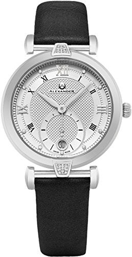 Alexander Monarch Olympias Date DIAMOND Silver Large Face Watch For Women - Swiss Quartz Stainless Steel Black Satin Leather Band Elegant Ladies Dress Watch AD202-02