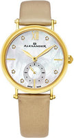 Alexander Monarch Roxana White Mother of Pearl DIAMOND Large Face Stainless Steel Plated Yellow Gold Watch For Women - Swiss Quartz Brown Satin Leather Band Elegant Ladies Dress Watch AD201-02