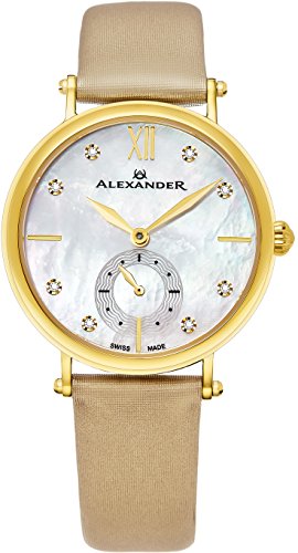 Alexander Monarch Roxana White Mother of Pearl DIAMOND Large Face Stainless Steel Plated Yellow Gold Watch For Women - Swiss Quartz Brown Satin Leather Band Elegant Ladies Dress Watch AD201-02