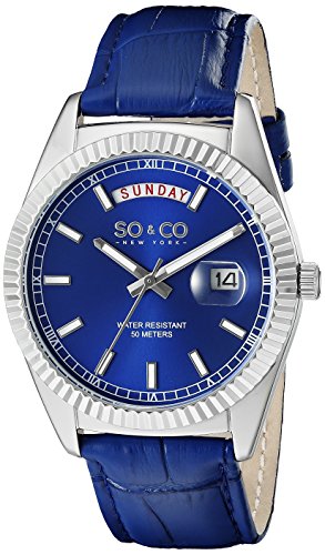 SO&CO New York Men's 5041.2 Madison Quartz Day and Date Blue Leather Band Watch