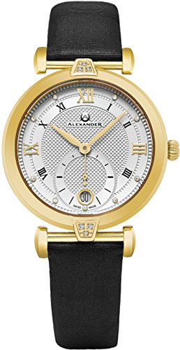 Alexander Monarch Olympias Date DIAMOND Silver Large Face Stainless Steel Plated Yellow Gold Watch For Women - Swiss Quartz Black Satin Leather Band Elegant Ladies Dress Watch AD202-03