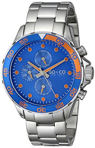 SO&CO New York Men's 5014.2 Yacht Club Quartz Day and Date Unidirectional Blue Bezel Blue Dial Stainless Steel Link Bracelet Watch