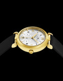 Alexander Monarch Olympias Date Silver Large Face Stainless Steel Plated Yellow Gold Watch For Women - Swiss Quartz Black Satin Leather Band Elegant Ladies Dress Watch A202-03