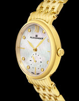 Alexander Monarch Roxana White Mother of Pearl Large Face Stainless Steel Plated Yellow Gold Watch For Women - Swiss Quartz Elegant Ladies Fashion Designer Dress Watch A201B-02