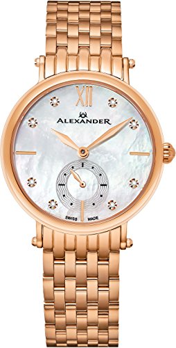 Alexander Monarch Roxana White Mother of Pearl DIAMOND Large Face Stainless Steel Plated Rose Gold Watch For Women - Swiss Quartz Elegant Ladies Fashion Designer Dress Watch AD201B-03