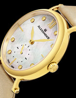 Alexander Monarch Roxana White Mother of Pearl Large Face Stainless Steel Plated Yellow Gold Watch For Women - Swiss Quartz Brown Satin Leather Band Elegant Ladies Dress Watch A201-02