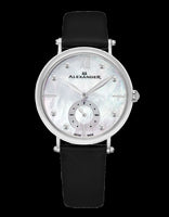 Alexander Monarch Roxana Stainless Steel White Mother of Pearl Large Face Watch For Women - Swiss Quartz Black Satin Leather Band Elegant Ladies Dress Watch A201-01