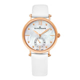 Alexander Monarch Roxana White Mother of Pearl Large Face Stainless Steel Plated Rose Gold Watch For Women - Swiss Quartz White Satin Leather Band Elegant Ladies Dress Watch A201-03
