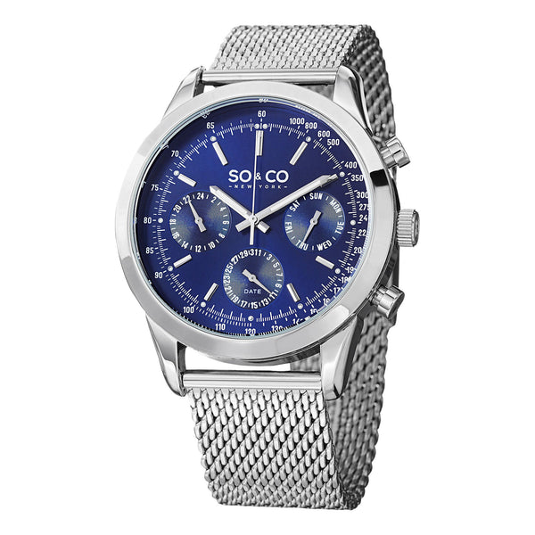 SO&CO New York Men's 5006A.2 Monticello Quartz Blue Dial Day and Date Tachymeter Stainless Steel Mesh Watch