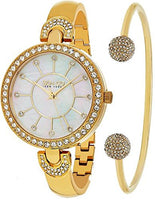 Women's Crystal Design Bangle Set Watch, Gold Tone Case on Gold Tone Bangle Bracelet with Crystal Filled Lugs, Mother-of-Pearl Dial, Crystal Filled Bezel, with Gold Tone and Crystal Accents, along with One Gold Tone Bangle with Two Crystal Filled Balls on