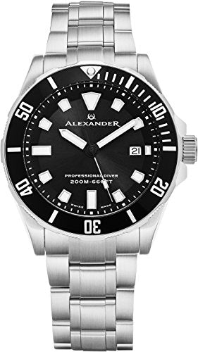 Alexander Professional Diver Watch Mens Black Face Sapphire Crystal 200M Waterproof - Swiss Made Analog Quartz Dive Watch for Men Scuba Diving Unidirectional Rotating Bezel Stainless Steel Metal Band