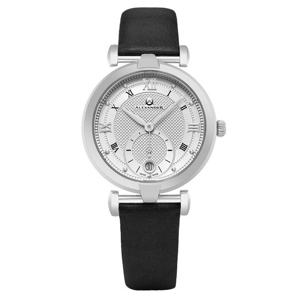 Alexander Monarch Olympias Date Silver Large Face Watch For Women - Swiss Quartz Stainless Steel Black Satin Leather Band Elegant Ladies Dress Watch A202-02