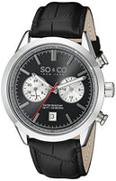 SO&CO New York Men's 5056.1 Monticello Quartz Dual Time Date Luminous Hands Black Leather Band Watch