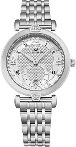 Alexander Monarch Olympias Date DIAMOND Silver Large Face Watch For Women - Swiss Quartz Stainless Steel Silver Band Elegant Ladies Fashion Dress Watch AD202B-01