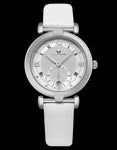 Alexander Monarch Olympias Date Silver Large Face Watch For Women - Swiss Quartz Stainless Steel White Satin Leather Band Elegant Ladies Dress Watch A202-01