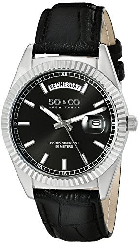 SO&CO New York Men's 5041.1 Madison Quartz Day and Date Black Leather Strap Watch