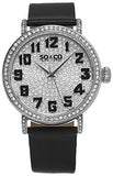 Womens Crystal Filled Dial Quartz Watch, Silver Tone Case on Black Satin Twill Genuine Leather Strap, Siilver Tone  Crystal Fill Dial, Silver Tone Crystal Fuilled Bezel and Luggs,with Black Arabic Numerals and Silver Tone Accents