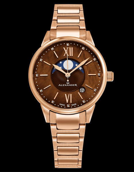 Alexander Monarch Vassilis Moon Phase Date 35 MM Brown Mother of Pearl DIAMOND Large Face Stainless Steel Rose Gold Watch For Women - Swiss Quartz Elegant Ladies Fashion Designer Dress Watch AD204B-06