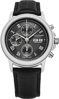 Alexander Statesman Aigai Mens Stainless Steel Day Date Black Face Black Leather Band Swiss Automatic Chronograph Watch A473-01