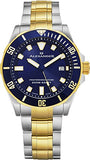 Alexander Professional Diver Watch Mens Blue Face Sapphire Crystal 200M Waterproof - Swiss Made Analog Quartz Dive Watch for Men Scuba Diving Rotating Bezel Stainless Steel Yellow Gold Tone Metal Band