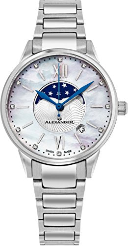 Alexander Monarch Vassilis Moon Phase Date 35 MM White Mother of Pearl DIAMOND Face Watch For Women - Swiss Quartz Stainless Steel Silver Band Elegant Ladies Fashion Designer Dress Watch AD204B-01