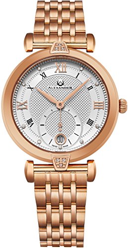 Alexander Monarch Olympias Date DIAMOND Silver Large Face Stainless Steel Plated Rose Gold Watch For Women - Swiss Quartz Elegant Ladies Fashion Dress Watch AD202B-04