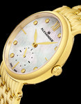 Alexander Monarch Roxana White Mother of Pearl Large Face Stainless Steel Plated Yellow Gold Watch For Women - Swiss Quartz Elegant Ladies Fashion Designer Dress Watch A201B-02