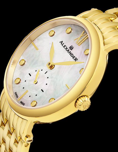 Alexander Monarch Roxana White Mother of Pearl Large Face Stainless Steel Plated Yellow Gold Watch For Women - Swiss Quartz Elegant Ladies Fashion Designer Dress Watch A201B-02