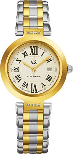 Alexander Monarch Niki Date DIAMOND Silver Large Face Watch For Women - Swiss Quartz Two Tone Band Elegant Ladies Fashion Designer Dress Watch AD203B-02