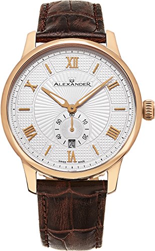 Alexander Statesman Regalia Wrist Watch For Men - Brown Leather Analog Swiss Watch - Stainless Steel Plated Rose Gold Watch - Silver White Dial Date Small Seconds Mens Designer Watch A102-05