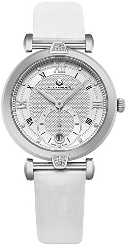 Alexander Monarch Olympias Date DIAMOND Silver Large Face Watch For Women - Swiss Quartz Stainless Steel White Satin Leather Band Elegant Ladies Dress Watch AD202-01