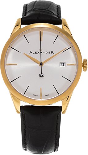 Alexander Heroic Sophisticate Wrist Watch For Men - Black Leather Analog Swiss Watch - Stainless Steel Plated Yellow Gold Watch - Silver White Dial Date Mens Designer Watch A911-07
