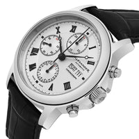 Alexander Statesman Aigai Mens Stainless Steel Day Date Silver Face Black Leather Band Swiss Automatic Chronograph Watch A473-02