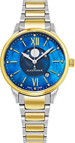 Alexander Monarch Vassilis Moon Phase Date 35 MM Blue Mother of Pearl DIAMOND Face Stainless Steel Yellow Gold Watch For Women - Swiss Quartz Elegant Two Tone Ladies Fashion Dress Watch AD204B-03