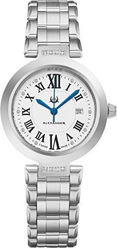 Alexander Monarch Niki Date DIAMOND Silver Large Face Watch For Women - Swiss Quartz Stainless Steel Silver Band Elegant Ladies Fashion Designer Dress Watch AD203B-01