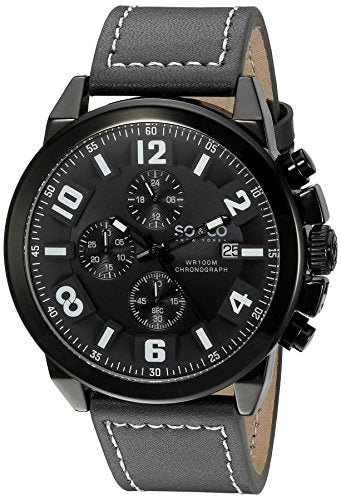 SO&CO New York Men's 5212.2 Monticello Quartz Black Case Chronograph Date Grey Genuine Leather Strap Watch