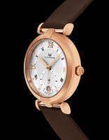 Alexander Monarch Olympias Date Silver Large Face Stainless Steel Plated Rose Gold Watch For Women - Swiss Quartz Brown Satin Leather Band Elegant Ladies Dress Watch A202-04
