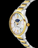 Alexander Monarch Vassilis Moon Phase Date 35 MM Mother of Pearl DIAMOND Face Stainless Steel Yellow Gold Watch For Women - Swiss Quartz Elegant Two Tone Ladies Fashion Designer Dress Watch AD204B-04