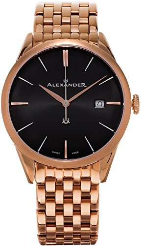 Alexander Heroic Sophisticate Bracelet Wrist Watch For Men - Black Dial Date Analog Swiss Watch - Stainless Steel Plated Rose Gold Watch - Mens Designer Watch A911B-06