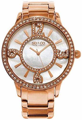 Women's Quartz Crystal Filled Numerals and Mother of Pearl Watch, Rose Tone Case on Rose Tone Brushed and Polished Link Bracelet, Mother of Pearl Dial, Crystal Filled Bezel, with Rose Tone and Crystal Accents