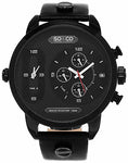 Men's Triple Time Quartz Watch, Black PVD Case on Black Genuine Leather Strap with Black PVD Metal Inserts, Black Dial with Triple TIme, Day of Week, and 24- Hour Subdials, with Silver Tone, White, and Red Accents