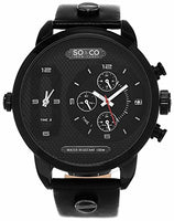Men's Triple Time Quartz Watch, Black PVD Case on Black Genuine Leather Strap with Black PVD Metal Inserts, Black Dial with Triple TIme, Day of Week, and 24- Hour Subdials, with Silver Tone, White, and Red Accents