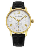 Alexander Statesman Regalia Wrist Watch For Men - Black Leather Analog Swiss Watch - Stainless Steel Plated Yellow Gold Watch - Silver White Dial Date Small Seconds Mens Designer Watch A102-03