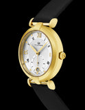 Alexander Monarch Olympias Date Silver Large Face Stainless Steel Plated Yellow Gold Watch For Women - Swiss Quartz Black Satin Leather Band Elegant Ladies Dress Watch A202-03