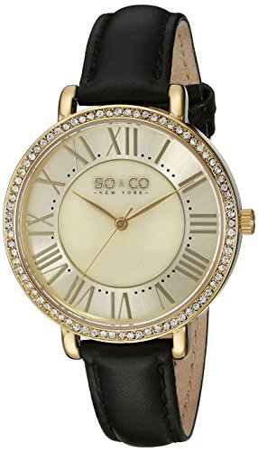 SO&CO New York Women's 5090.3 SoHo Quartz Crystal Accent Black Leather Strap Watch