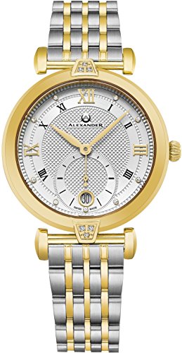 Alexander Monarch Olympias Date DIAMOND Silver Large Face Watch For Women - Swiss Quartz Stainless Steel Two Tone Band Elegant Ladies Fashion Dress Watch AD202B-02