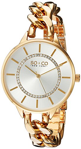 SO&CO New York Women's 5225.3 SoHo Quartz Silver Crystal Accented Dial Stainless Steel 23K Gold-Tone Chain-Link Bracelet Watch