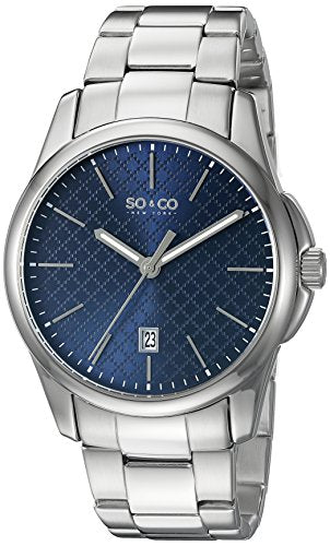 SO&CO New York Men's 5095.3 Madison Quartz Blue Square Design Dial Date Luminous Hands Stainless Steel Link Bracelet Watch