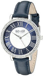 Silver Tone Case on Navy Genuine Leather Thin Strap, White Mother of Pearl Center Dial with Navy Outer Dial, Crystal Filled Bezel, with Silver Tone and White Accents